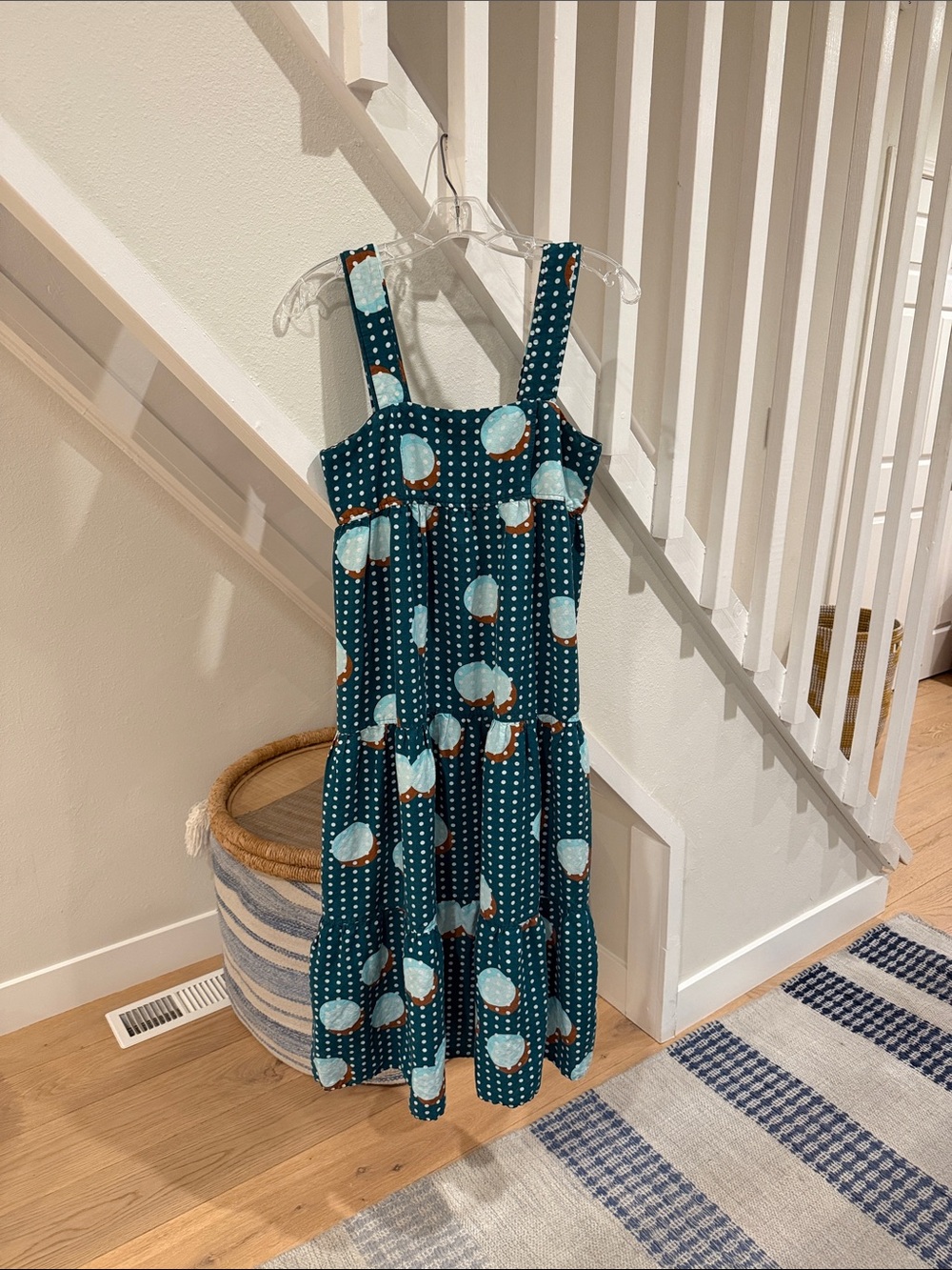 HUNTER BELL Teal Midi Dress with Light Blue and Brown Spot Print